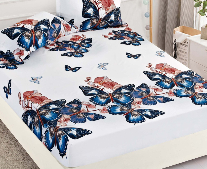 Husa de Pat cu Elastic Bumbac Finet, 180x200 cm, cu 2 Fete de Perna - Alb/Bleumarin, Fluturi [2]