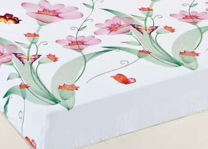 Husa de Pat cu Elastic Bumbac Finet, 180x200 cm, cu 2 Fete de Perna - Alb/Roz, Flori [3]
