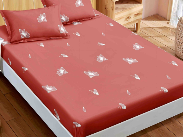 Husa de Pat cu Elastic Bumbac Finet, 180x200 cm, cu 2 Fete de Perna - Caramiziu, Flori [2]