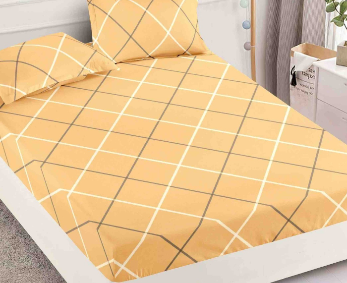 Husa de Pat cu Elastic Bumbac Finet, 180x200 cm, cu 2 Fete de Perna - Galben, Carouri [2]
