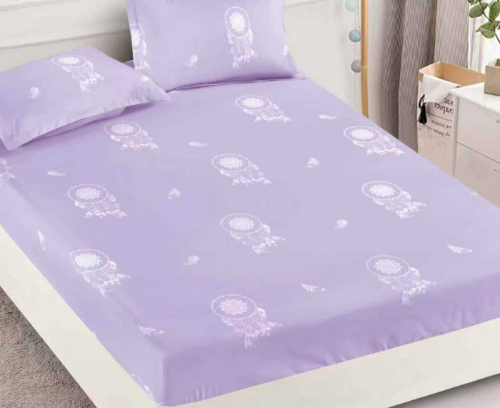 Husa de Pat cu Elastic Bumbac Finet, 180x200 cm, cu 2 Fete de Perna - Lila, Flori [2]