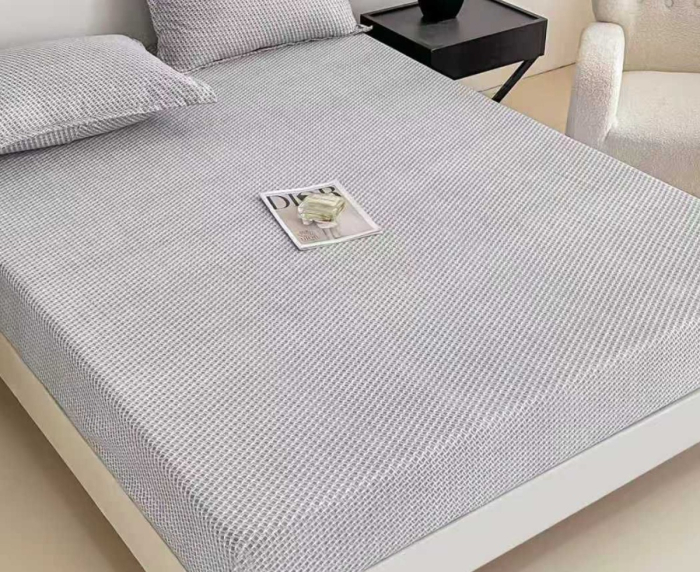 Husa de Pat cu Elastic Bumbac Finet, 180x200 cm, cu 2 Fete de Perna - Gri, Dungi [2]