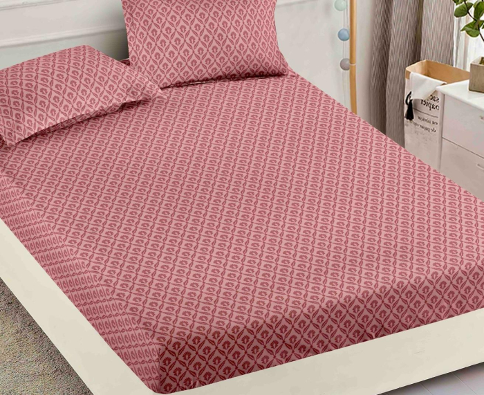 Husa de Pat cu Elastic Bumbac Finet, 180x200 cm, cu 2 Fete de Perna - Roz, Model [2]