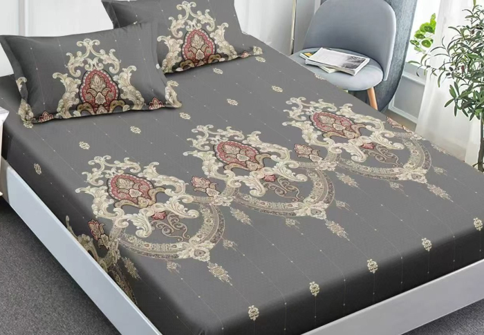 Husa de Pat cu Elastic Bumbac Finet, 180x200 cm, cu 2 Fete de Perna - Gri, Ornamente [2]