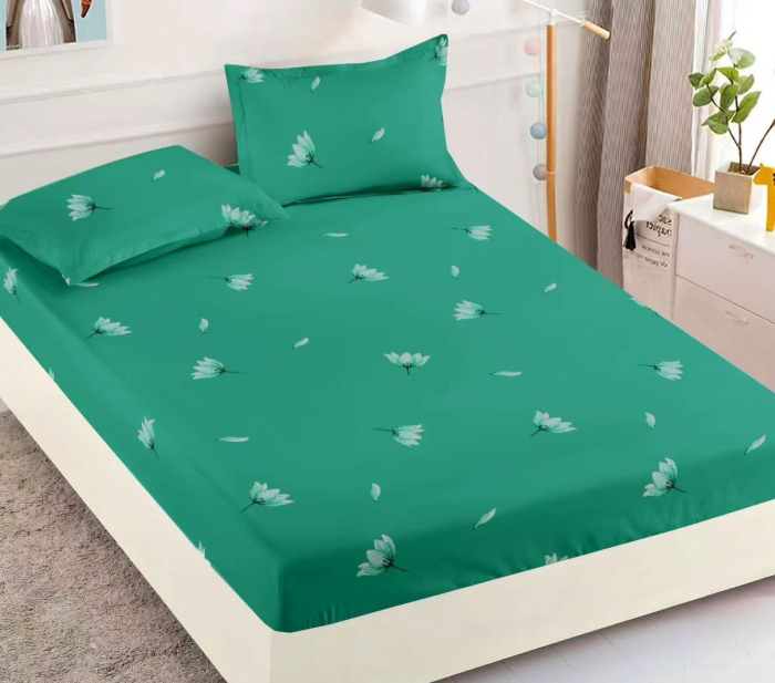 Husa de Pat cu Elastic Bumbac Finet, 180x200 cm, cu 2 Fete de Perna - Verde, Fluturi [2]