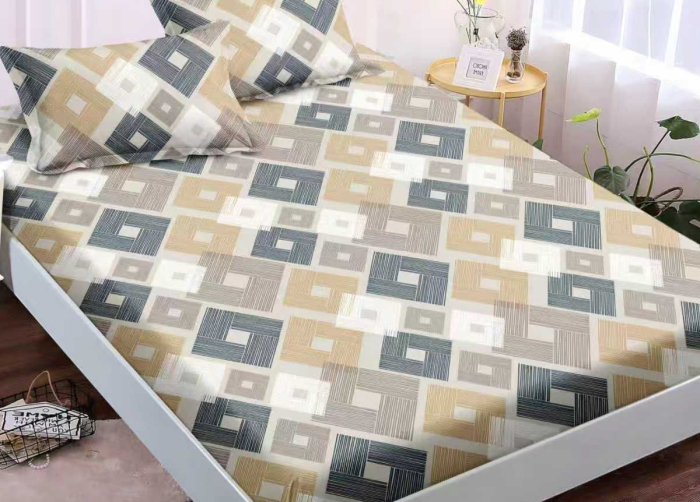 Husa de Pat cu Elastic Bumbac Finet, 180x200 cm, cu 2 Fete de Perna - Bej, Carouri [2]