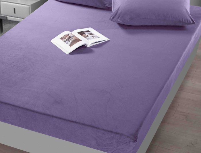 Husa de Pat Catifea cu Elastic, Pat Dublu, cu 2 Fete de Perna, 180x200 cm - Lila [2]