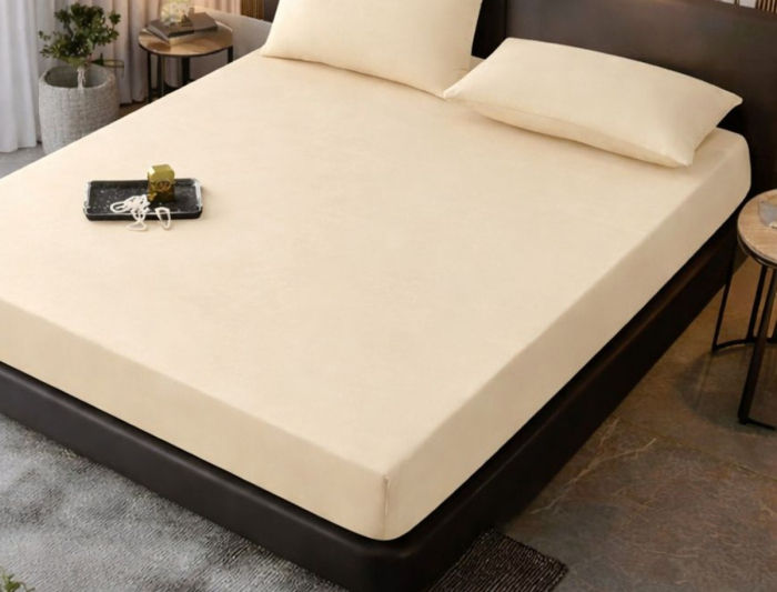Husa de Pat Catifea cu Elastic, Pat Dublu, cu 2 Fete de Perna, 180x200 cm - Crem [2]