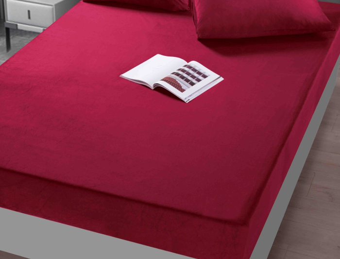 Husa de Pat Catifea cu Elastic, Pat Dublu, cu 2 Fete de Perna, 180x200 cm - Grena [2]