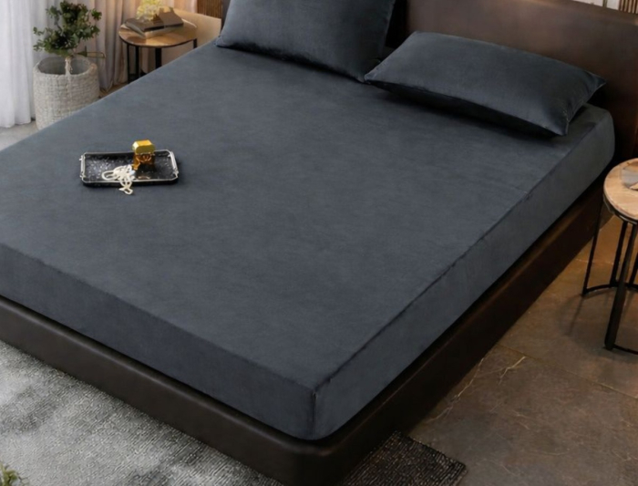 Husa de Pat Catifea cu Elastic, Pat Dublu, cu 2 Fete de Perna, 180x200 cm - Gri [2]