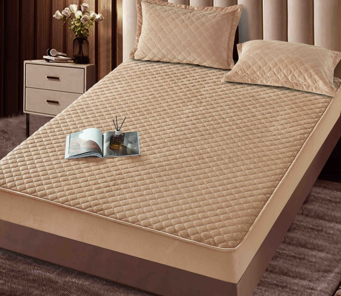 Husa de Pat Matlasata Tip Topper Catifea, 160x200 cm, cu 2 Fete de Perna - Bej [2]