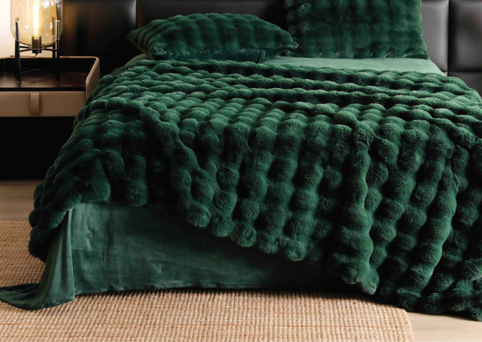 Lenjerie de Pat cu Blanita Artificiala de Iepure, Pat Dublu, 6 Piese, Microfibra - Verde Smarald [2]