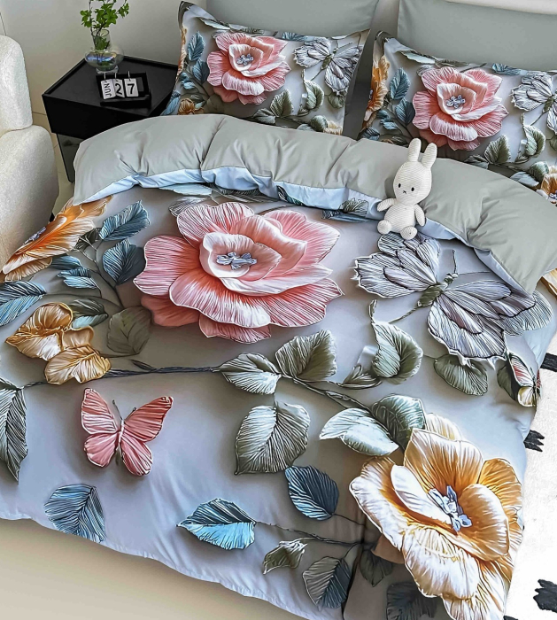 Lenjerie de Pat Bumbac Finet 5D, 1 Persoana, 4 Piese, cu Elastic - Trandafiri Roz Pastel [2]