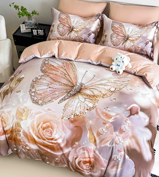 Lenjerie de Pat Bumbac Finet 5D, 1 Persoana, 4 Piese, cu Elastic - Fluture Auriu Cu Trandafiri [2]