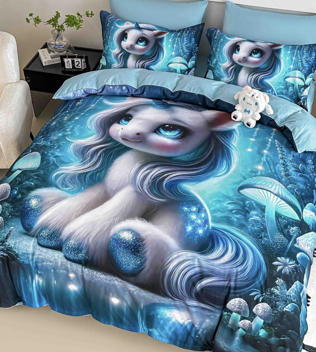 Lenjerie de Pat Bumbac Finet 5D, 1 Persoana, 4 Piese, cu Elastic - Unicorn Albastru [2]