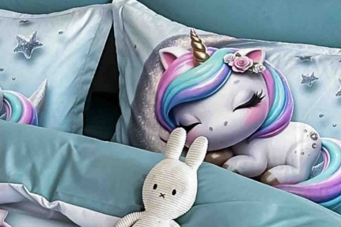 Lenjerie de Pat Bumbac Finet 5D, 1 Persoana, 4 Piese, cu Elastic - Unicorn Multicolor [4]
