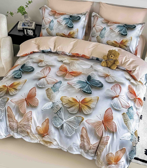 Lenjerie de Pat Bumbac Finet 5D, 1 Persoana, 4 Piese, cu Elastic - Fluturi Multicolori [2]