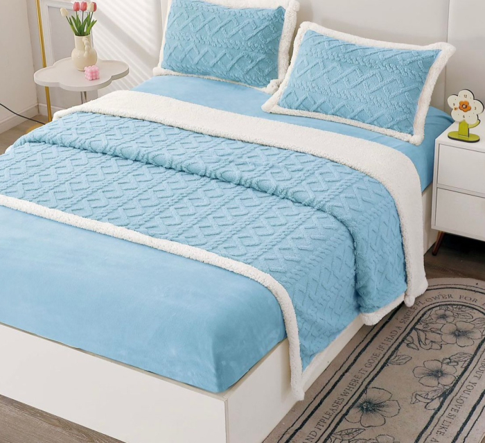 Lenjerie de Pat Cocolino cu Blanita, Pat Dublu, 4 Piese, Cearceaf cu Elastic - Bleu [2]