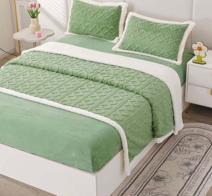Lenjerie de Pat Cocolino cu Blanita, Pat Dublu, 4 Piese, Cearceaf cu Elastic - Verde Deschis [2]