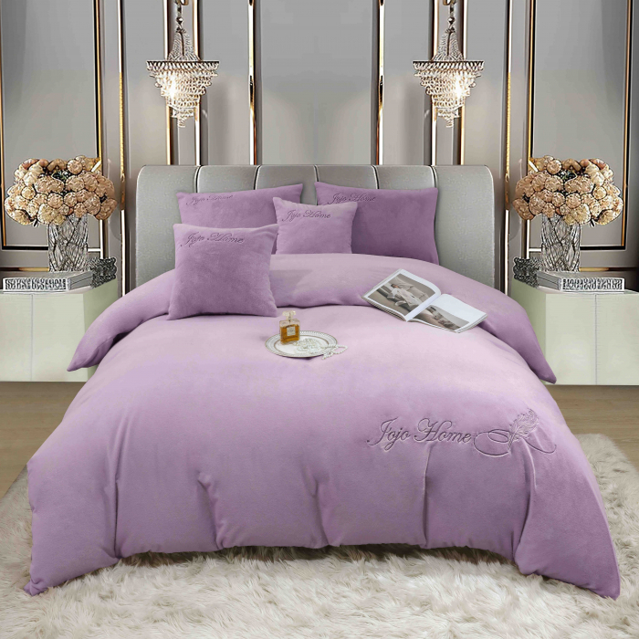 Lenjerie de pat, cu Broderie, Cocolino tip Blăniță Iepure, 2 Persoane, 6 Piese, cu ELASTIC - Mov [2]