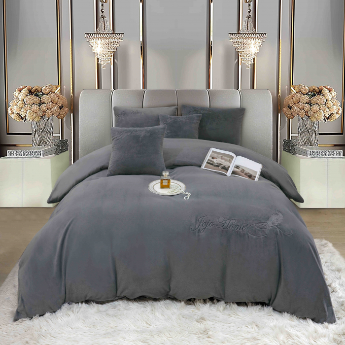 Lenjerie de pat, cu Broderie, Cocolino tip Blăniță Iepure, 2 Persoane, 6 Piese, cu ELASTIC - Gri Inchis [2]