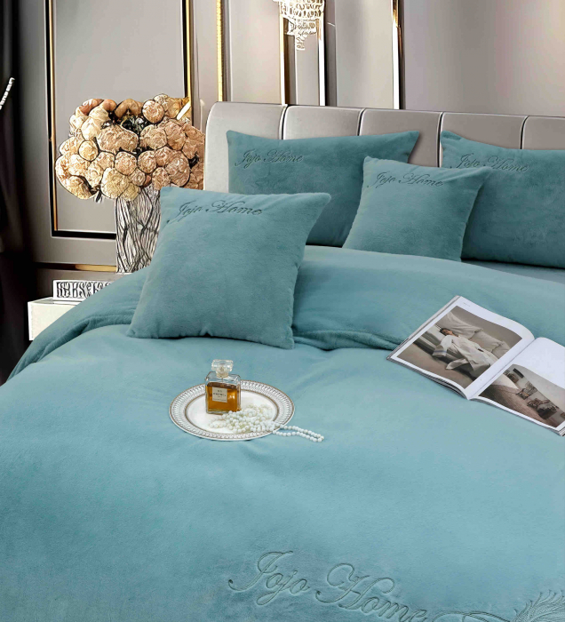 Lenjerie de pat, cu Broderie, Cocolino tip Blăniță Iepure, 2 Persoane, 6 Piese, cu ELASTIC - Turcoaz [2]