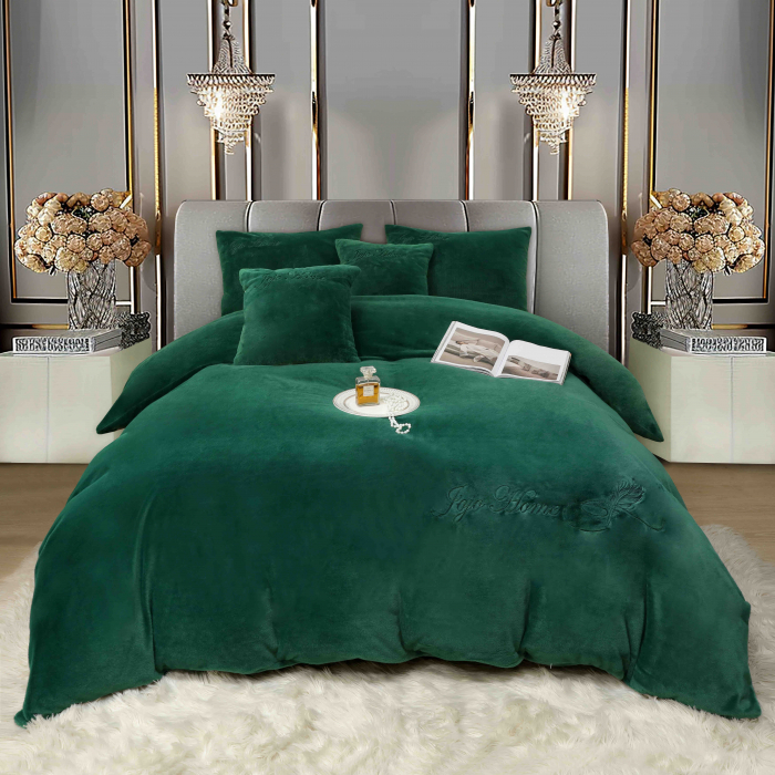 Lenjerie de pat, cu Broderie, Cocolino tip Blăniță Iepure, 2 Persoane, 6 Piese, cu ELASTIC - Verde Smarald [2]