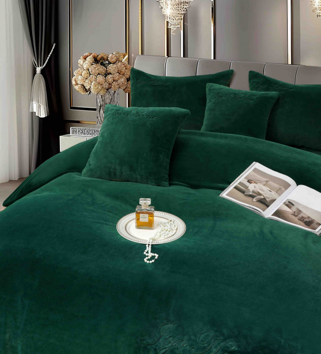 Lenjerie de pat, cu Broderie, Cocolino tip Blăniță Iepure, 2 Persoane, 6 Piese, cu ELASTIC - Verde Smarald [4]