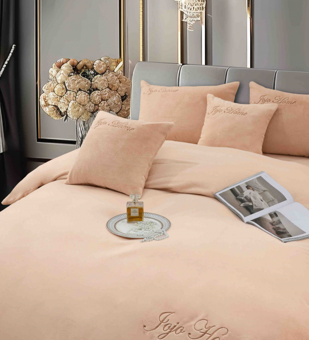 Lenjerie de pat, cu Broderie, Cocolino tip Blăniță Iepure, 2 Persoane, 6 Piese, cu ELASTIC - Bej [4]