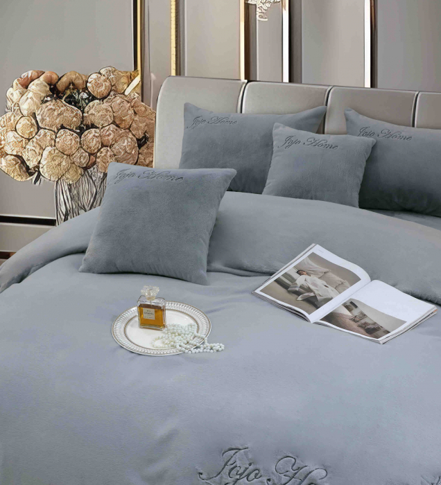 Lenjerie de pat, cu Broderie, Cocolino tip Blăniță Iepure, 2 Persoane, 6 Piese, cu ELASTIC - Gri Deschis [3]