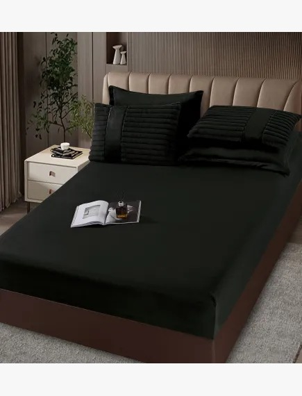 Lenjerie de pat cu Pilota Inclusa , Cearceaf cu Elastic, 6 Piese, Blană de Iepure Artificială - Negru [2]