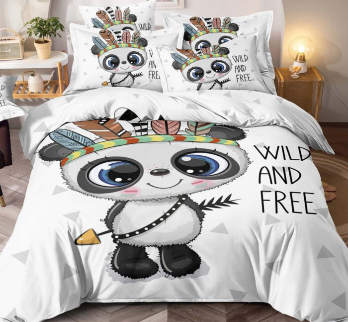 Lenjerie de Pat Bumbac Finet, Imprimeu 5D, Pat Dublu, 6 Piese - Alb, Panda [2]