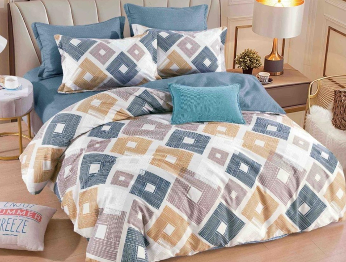 Lenjerie de Pat Bumbac Finet, Pat Dublu, 6 Piese - Bej/Albastru, Patchwork [2]