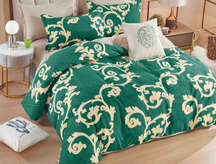 Lenjerie de Pat Bumbac Finet, Pat Dublu, 6 Piese - Verde, Ornamente [2]