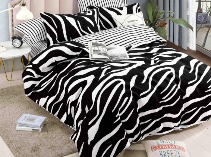 Lenjerie de Pat Bumbac Finet, Pat Dublu, 6 Piese - Alb/Negru, Zebra [2]