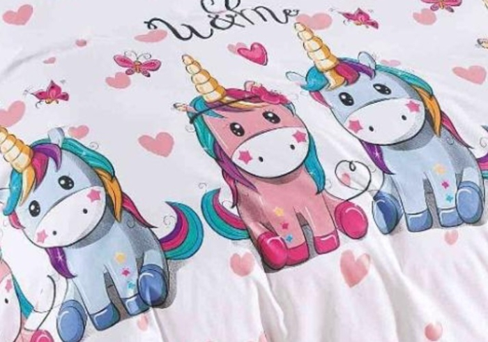 Lenjerie de Pat Bumbac Finet, Pat Dublu, 6 Piese - Roz, Unicorni [3]