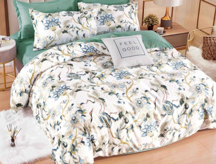 Lenjerie de Pat Bumbac Finet, Pat Dublu, 6 Piese - Verde, Flori [2]