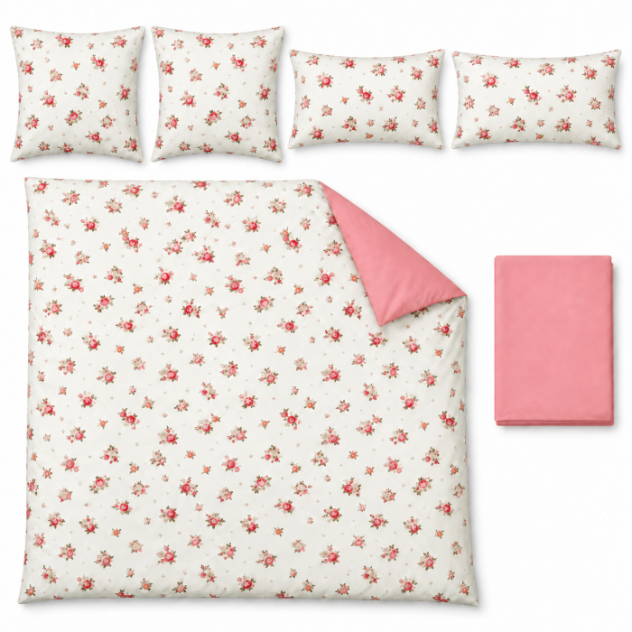 Lenjerie de Pat Bumbac Finet, Pat Dublu, 6 Piese, Model Flori - Crem/Roz [2]