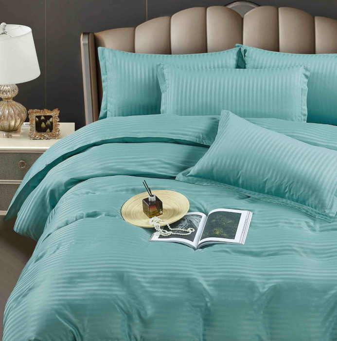 Lenjerie pat dublu 100% Damasc PREMIUM, Cu Elastic, 6 Piese - Verde Salvie [2]