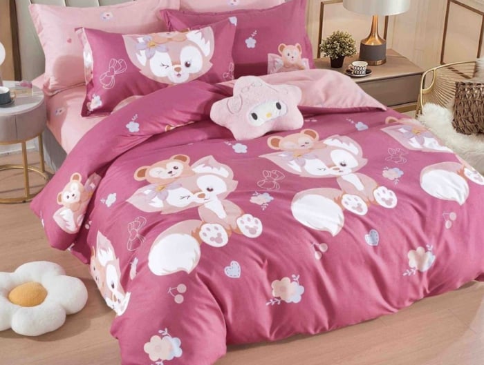 Lenjerie de Pat Bumbac Finet, Pat Dublu, 6 Piese, Cearceaf cu Elastic - Roz, Iepurasi [2]