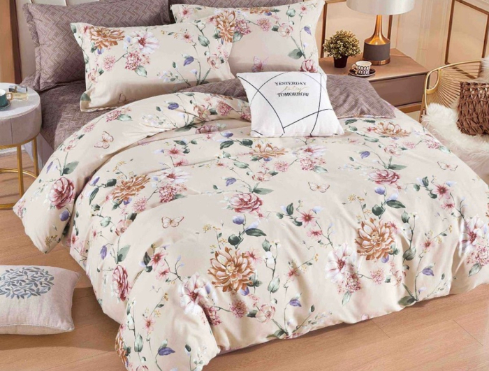 Lenjerie de Pat Bumbac Finet cu Elastic, Pat Dublu, 6 Piese - Crem, Flori [2]