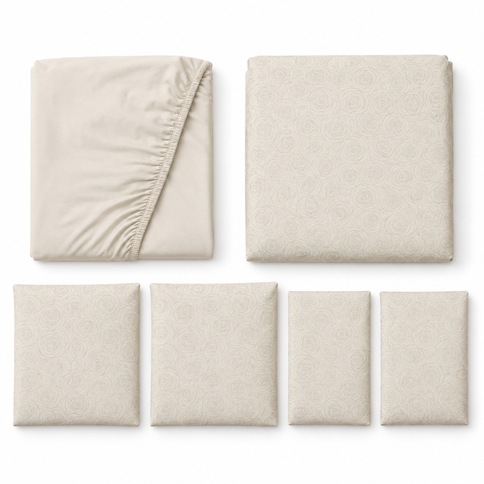 Lenjerie de Pat Bumbac Finet cu Elastic, Pat Dublu, 6 Piese, cu Model - Crem [2]