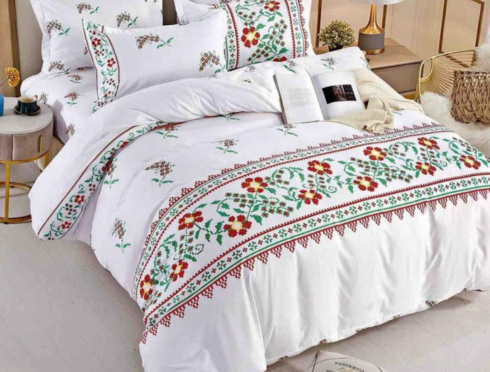 Lenjerie de Pat Bumbac Finet, Pat Dublu, 6 Piese, Cearceaf cu Elastic - Alb, Flori Traditionale [2]