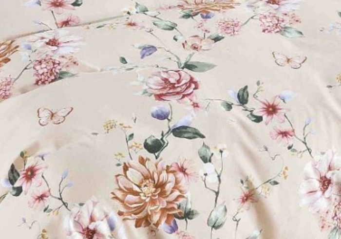Lenjerie de Pat Bumbac Finet cu Elastic, Pat Dublu, 6 Piese - Crem, Flori [3]