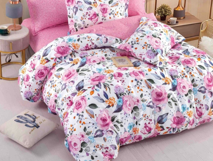 Lenjerie de Pat Bumbac Finet, Pat Dublu, 6 Piese, Cearceaf cu Elastic - Roz, Flori Colorate [2]