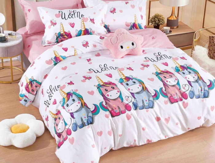 Lenjerie de Pat Bumbac Finet, Pat Dublu, 6 Piese, Cearceaf cu Elastic - Roz, Unicorni [2]