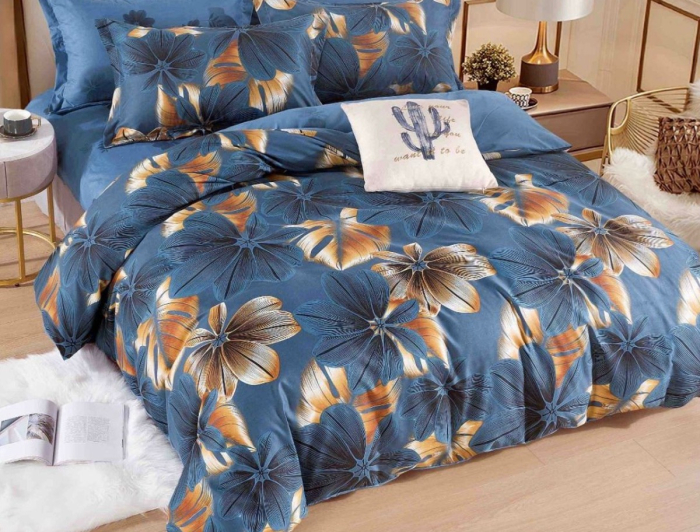 Lenjerie de Pat Bumbac Finet, Pat Dublu, 6 Piese, Cearceaf cu Elastic - Bleumarin, Papadie Aurie [2]