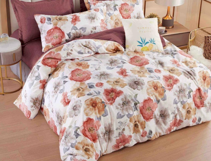 Lenjerie de Pat Bumbac Finet, Pat Dublu, 6 Piese, Cearceaf cu Elastic - Crem, Trandafiri Corai [2]
