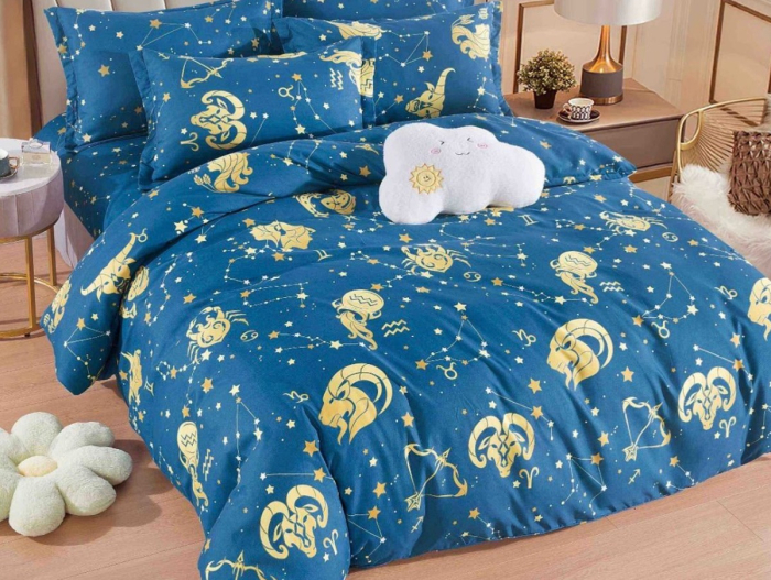 Lenjerie de Pat Bumbac Finet, Pat Dublu, 6 Piese, Cearceaf cu Elastic - Albastru, Luna [2]