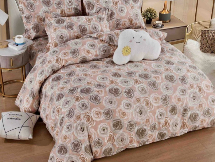 Lenjerie de Pat Bumbac Finet, Pat Dublu, 6 Piese, Cearceaf cu Elastic - Bej, Flori [2]